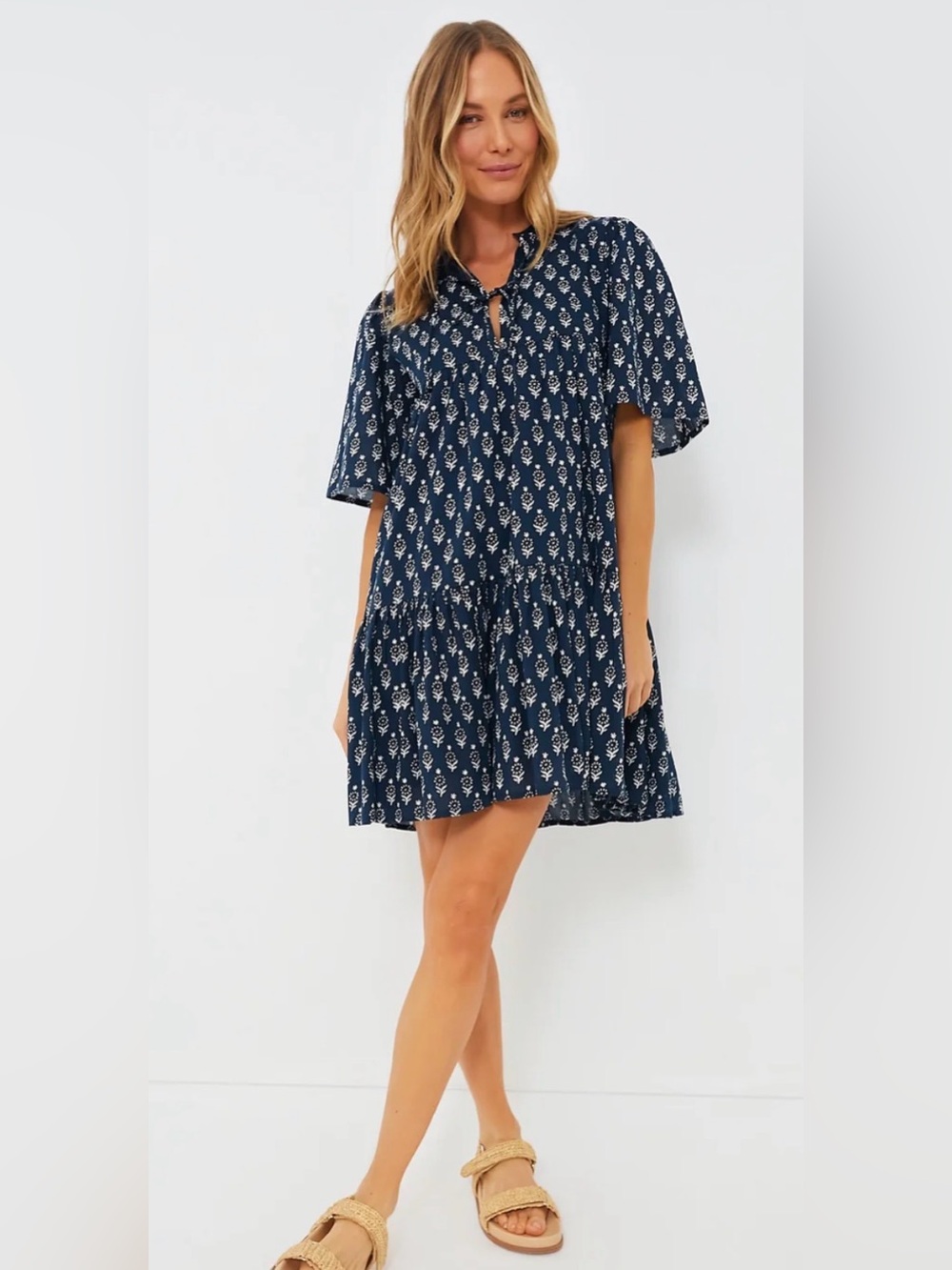 EMERSON FRY India Collection Sz XS/S Organic Marguerite Navy Blue Puff Isla Dres